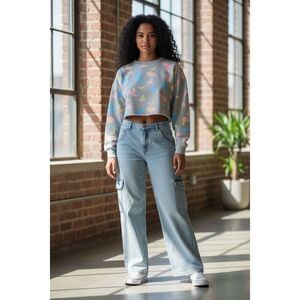 MNG Denim Womens Light Blue Frayed Hem Cargo Pants Size 6